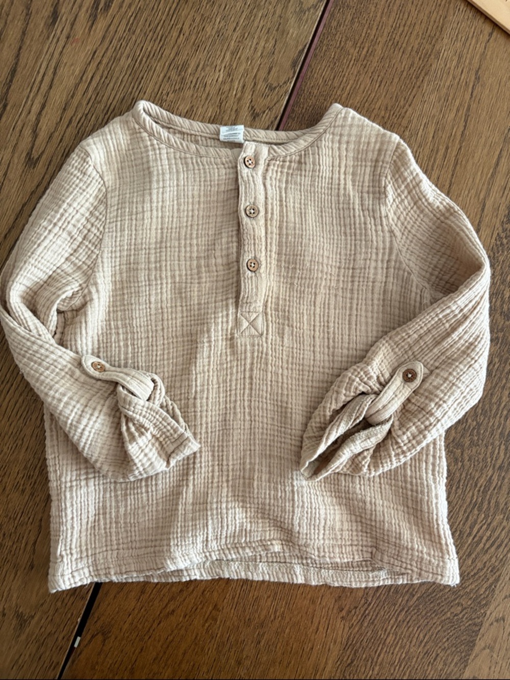 Colored Organics Beige Long-Sleeve Roll Tab Henley Top